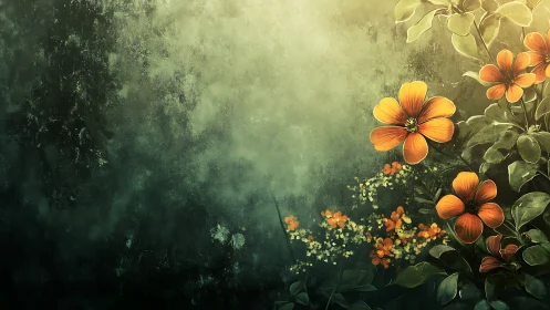 Orange Flowers in Misty Green Garden Setting Rendered Digitally