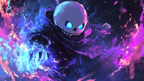 Glow-eyed skeleton mage dancing through neon flames.