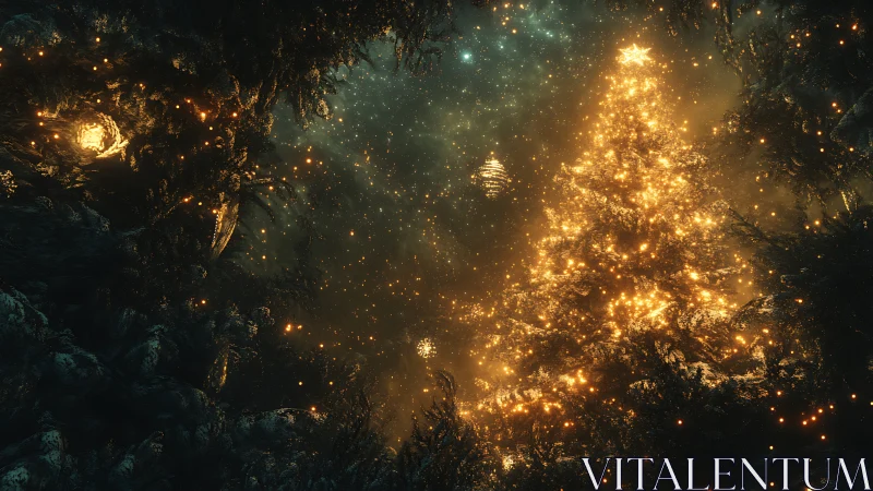 Golden Christmas tree glows softly in a dreamy winter forest