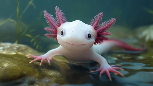 Curious pink axolotl greets the camera in a calm lagoon