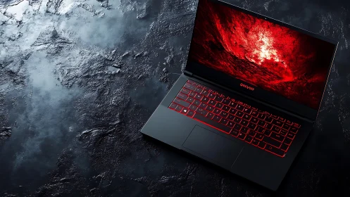 Midnight gaming laptop glowing with bold red energy.