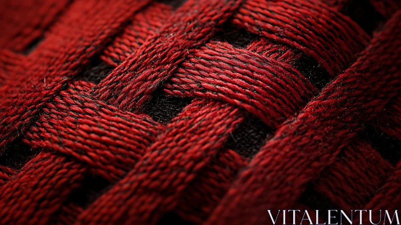 Interlaced crimson textile strands in tight macro weave.