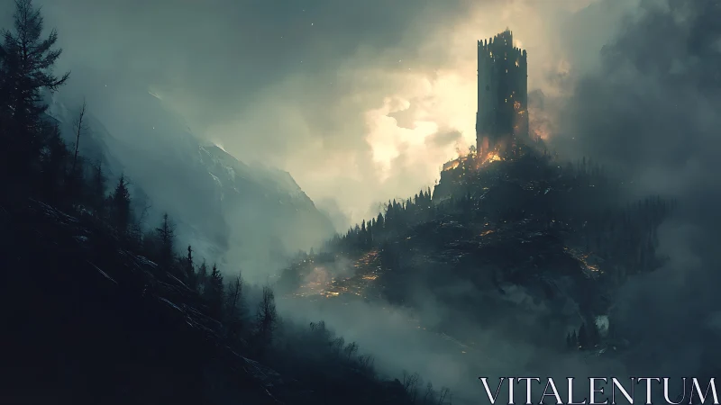 Lone mountain tower glowing through stormy twilight fog.