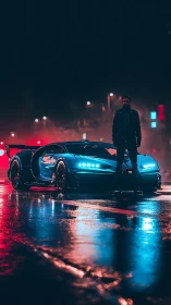 Neon blue hypercar and lone figure in cinematic night rain.