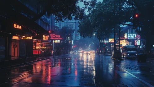 Rain soaked city street reflects neon signage and headlights