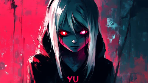 Brooding silver‑haired antihero under neon crimson glare.