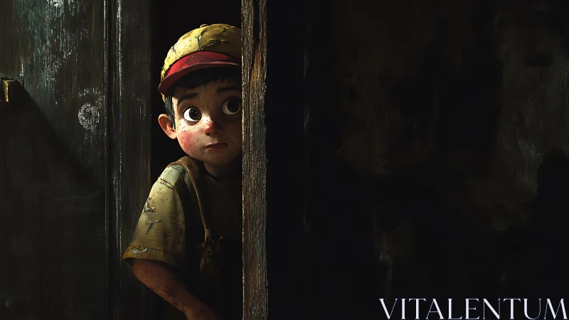Animated boy peering through narrow doorway gap in shadow.