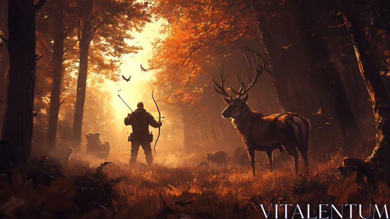 Autumn forest hunter confronting stag in golden mist.