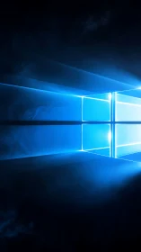 Blue luminous window logo on dark gradient background.