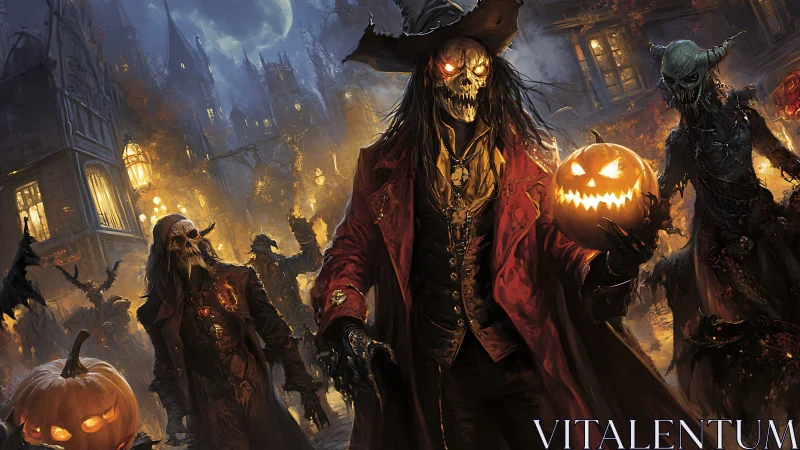 Skeletal Halloween figures roam fiery gothic street at night.