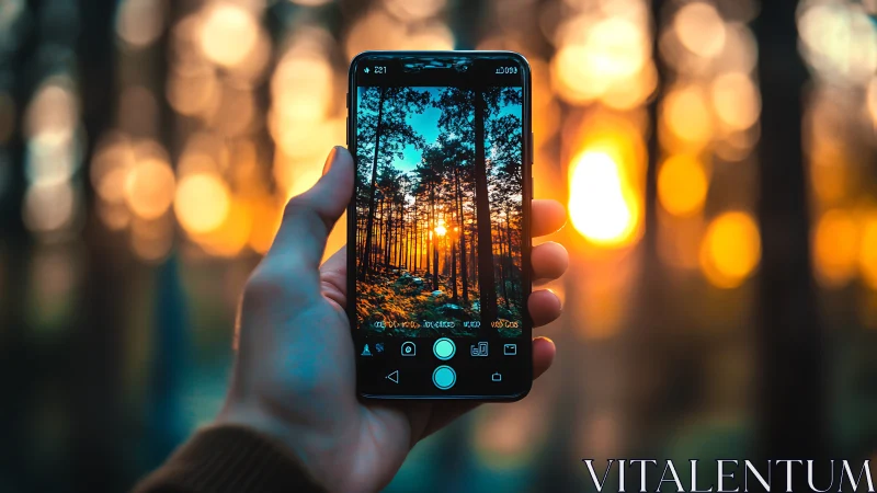 Phone screen quietly cages a blazing forest sunset dream