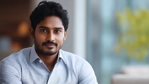 Confident young man in soft office light gazes forward calmly.