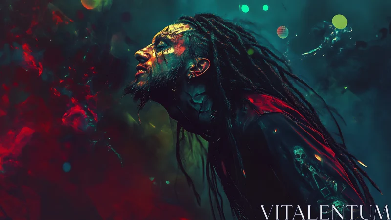 Neon-lit dreadlocked figure under cosmic storm glow.