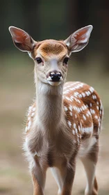 Gentle fawn gazes ahead in a softly blurred woodland setting