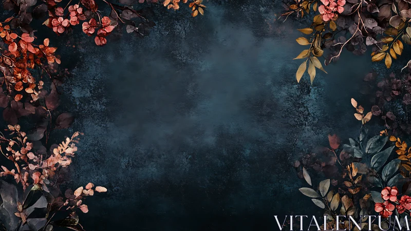 Dark botanical frame with rust-red florals and teal foliage.