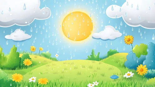 Sunlit rain over cheerful hills and bright spring blooms.