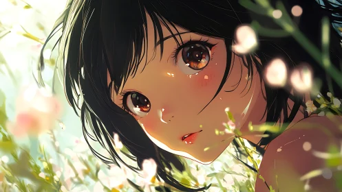 Sunlit meadow girl with gentle eyes and soft spring glow.