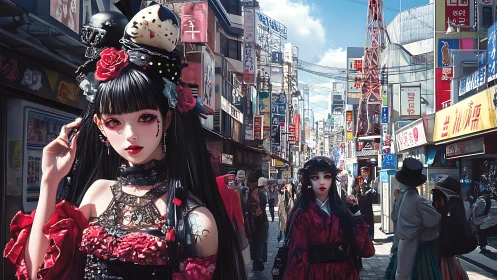 Gothic styled anime figures in dense urban street scene.