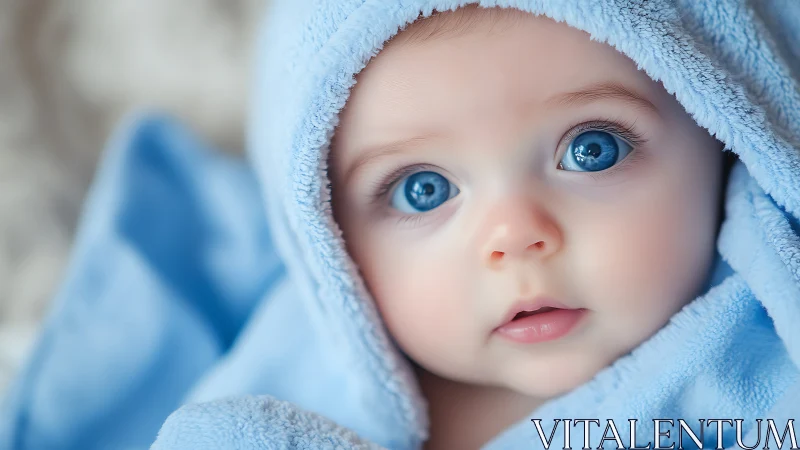 Infant in Blue: Wide-Eyed Expression and Soft Wrapping.