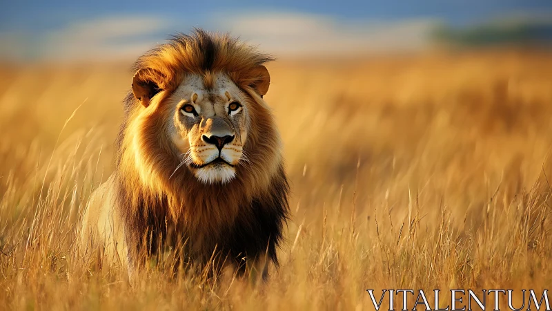 Male savannah lion in telephoto field-depth portrait study.