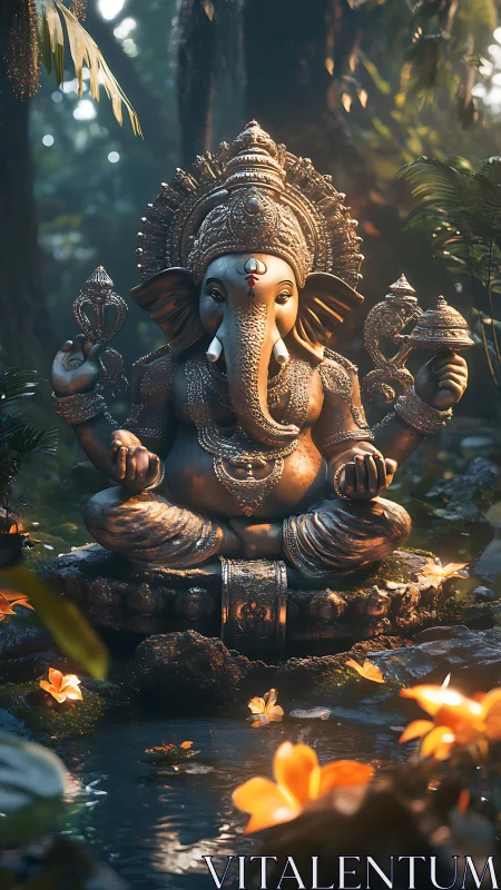 Serene Ganesha idol glows beside a lotus-lit forest pool.