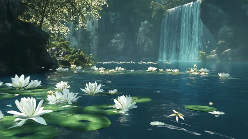 Tranquil lily pond gently cradled beneath a soft waterfall.