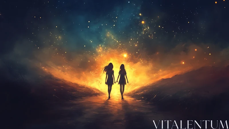 Two silhouetted girls walk into a glowing cosmic horizon.
