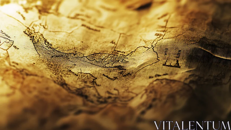 Aged nautical parchment map rendered with shallow depth field lighting