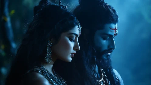 Mythic couple in blue-toned forest environment at dusk.