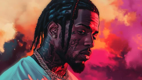 Moody hip hop portrait blazing against neon storm clouds.