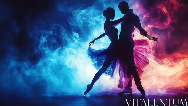 Ballet duet silhouettes in dual chromatic nebula lighting.