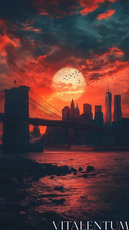 Fiery red sunset engulfs city skyline beyond river bridge