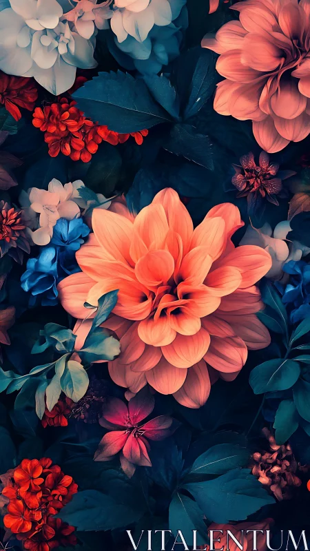 Coral Dahlia Garden Under Teal Shadow.