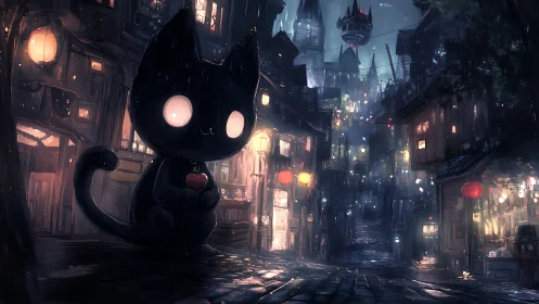 Midnight cat spirit guarding a neon rainy alleyway.