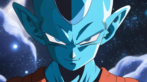 Blue-skinned space warrior stares ahead with cosmic resolve