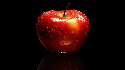 Red apple glistens with water droplets on black background.