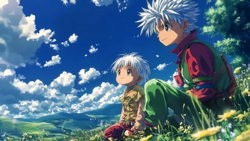 Sunny hilltop moment with two anime friends relaxing together.