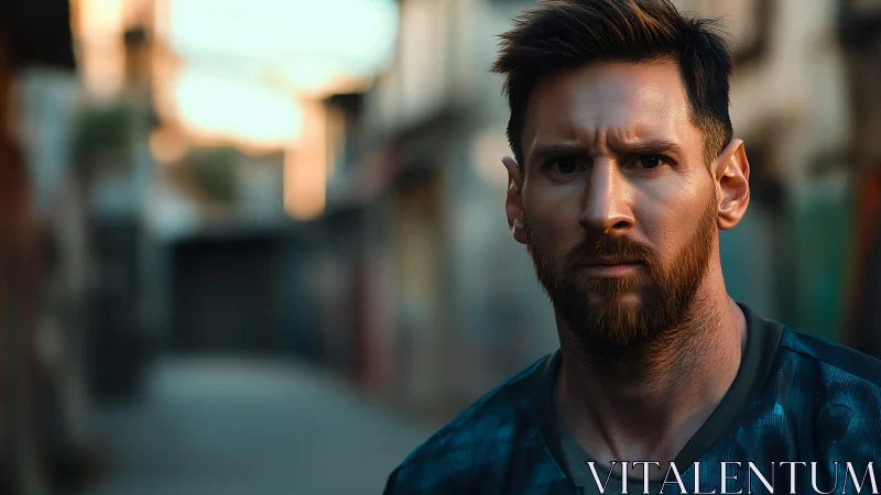 Bearded man in sportswear standing in blurred urban alley.