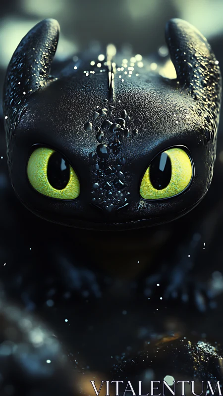 Midnight-scaled baby dragon studies the world in neon gaze