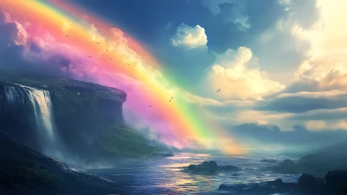 Prismatic waterfall horizon under luminous stormlit sky.