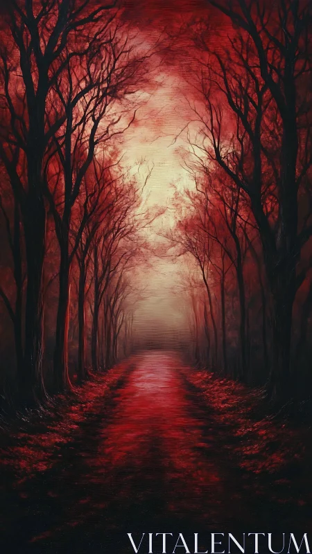 Narrow forest path under red-tinted sky at dusk.