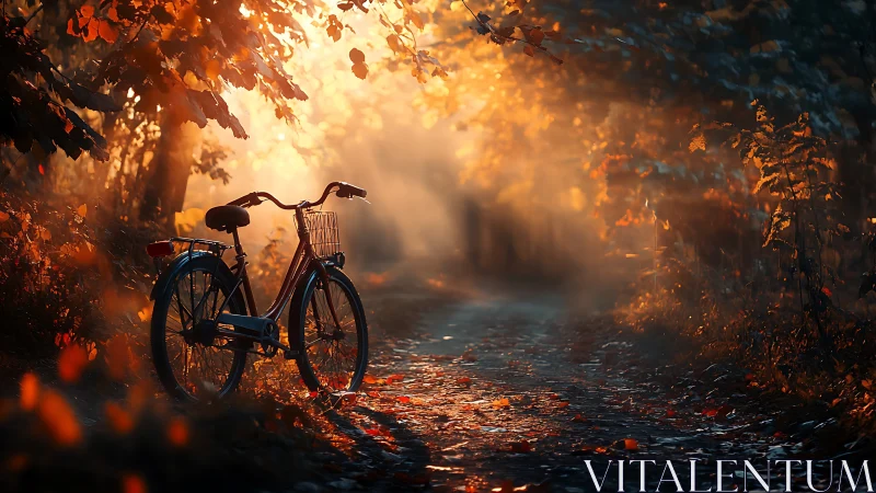 Bicycle Bathed in Golden Autumn Sunlight Along Forest Path