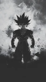 Silhouetted warrior stands in swirling monochrome power haze