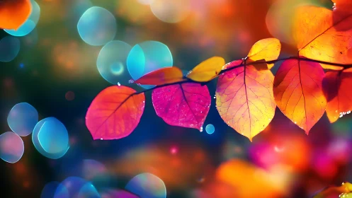 Colorful branch of autumn leaves against abstract bokeh background