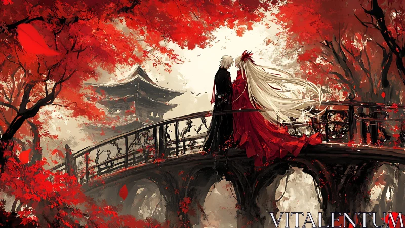 Crimson bridge embrace beneath blazing autumn canopy.