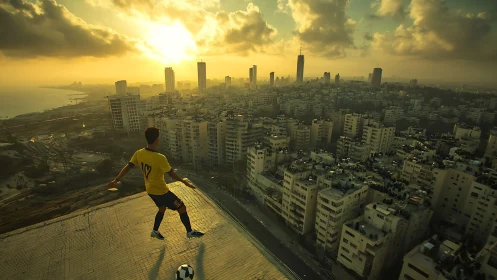 Urban rooftop footballer overlooks sunset-drenched highrise grid