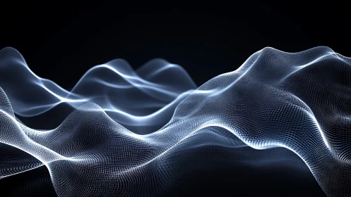 Abstract digital mesh landscape with luminous wave surfaces.
