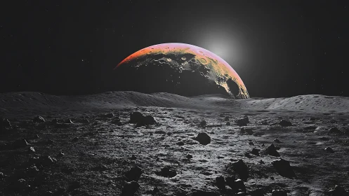Gentle lunar horizon greeting a rising, rainbow-tinted Earth.