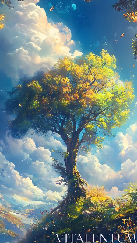 Solitary hillside tree rendered with high dynamic range lighting