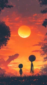 Digital painting of alien encounter at fiery sunset horizon.
